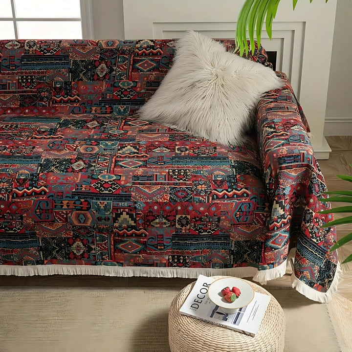 Bohemian Moroccan Chenille Sofa Cover with Tassels, Seven Sizes | Moroccan Pattern for Any Sofa Size | Sofa Covers