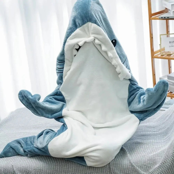 Soft Flannel Shark Hoodie Blanket with Shark Design Wrapping Legs and Feet | Shark Hoodie Blanket in Soft Flannel | Wearable Blankets