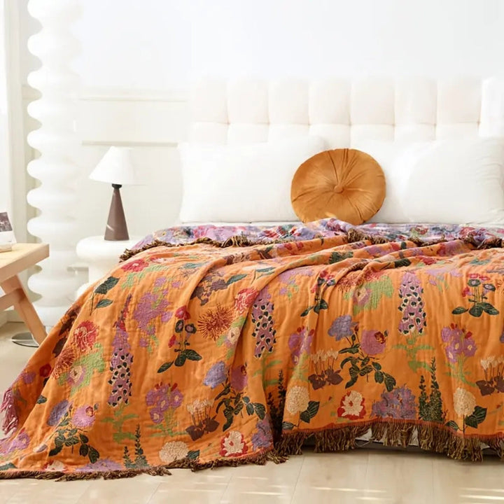 Botanic Floral Reversible Cotton Blanket with Tassel Edging | Woven Blooms, Two Colourways | Throw Blankets