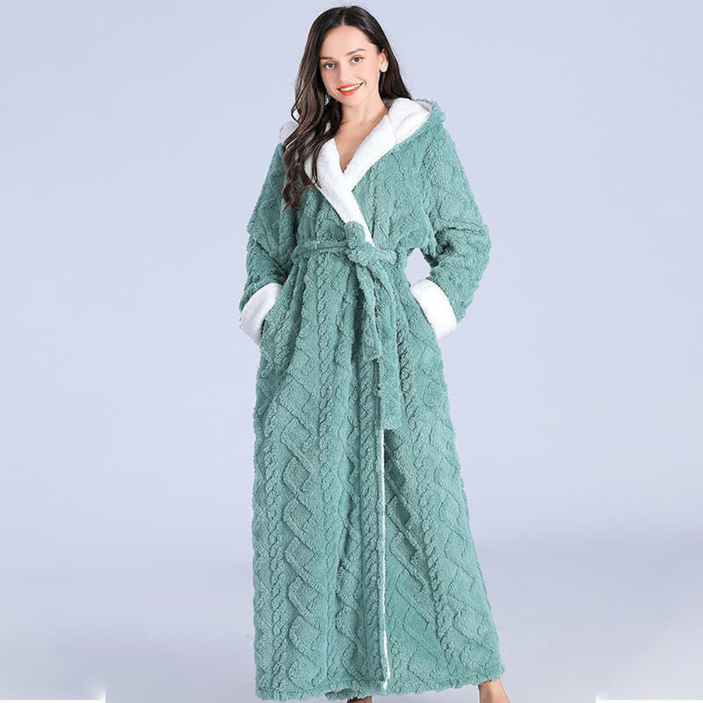 Long Plush Knitted Hooded Robe with Pockets in Soft Fleece | Cozy Hooded Warmth with Pockets | Robes
