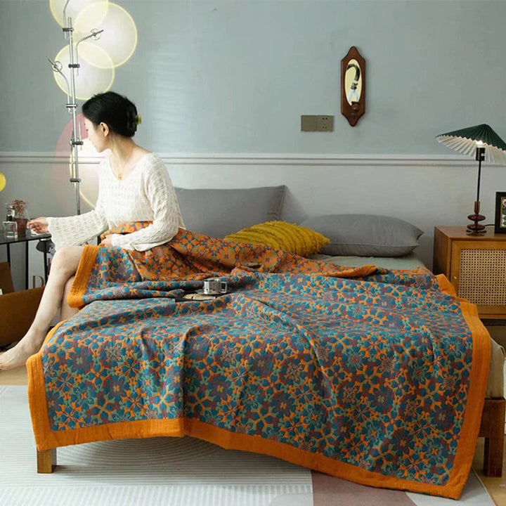 Six-Layer Cotton Blanket with Orange and Blue Design for Bed and Sofa | Breathable Six-Layer Cotton Blanket | Throw Blankets