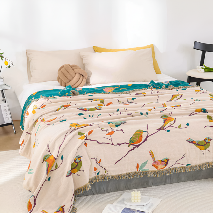 Whimsical Bird Cotton Tassel Blanket, Queen Size | Woven Bird Pattern with Fringe | Throw Blankets