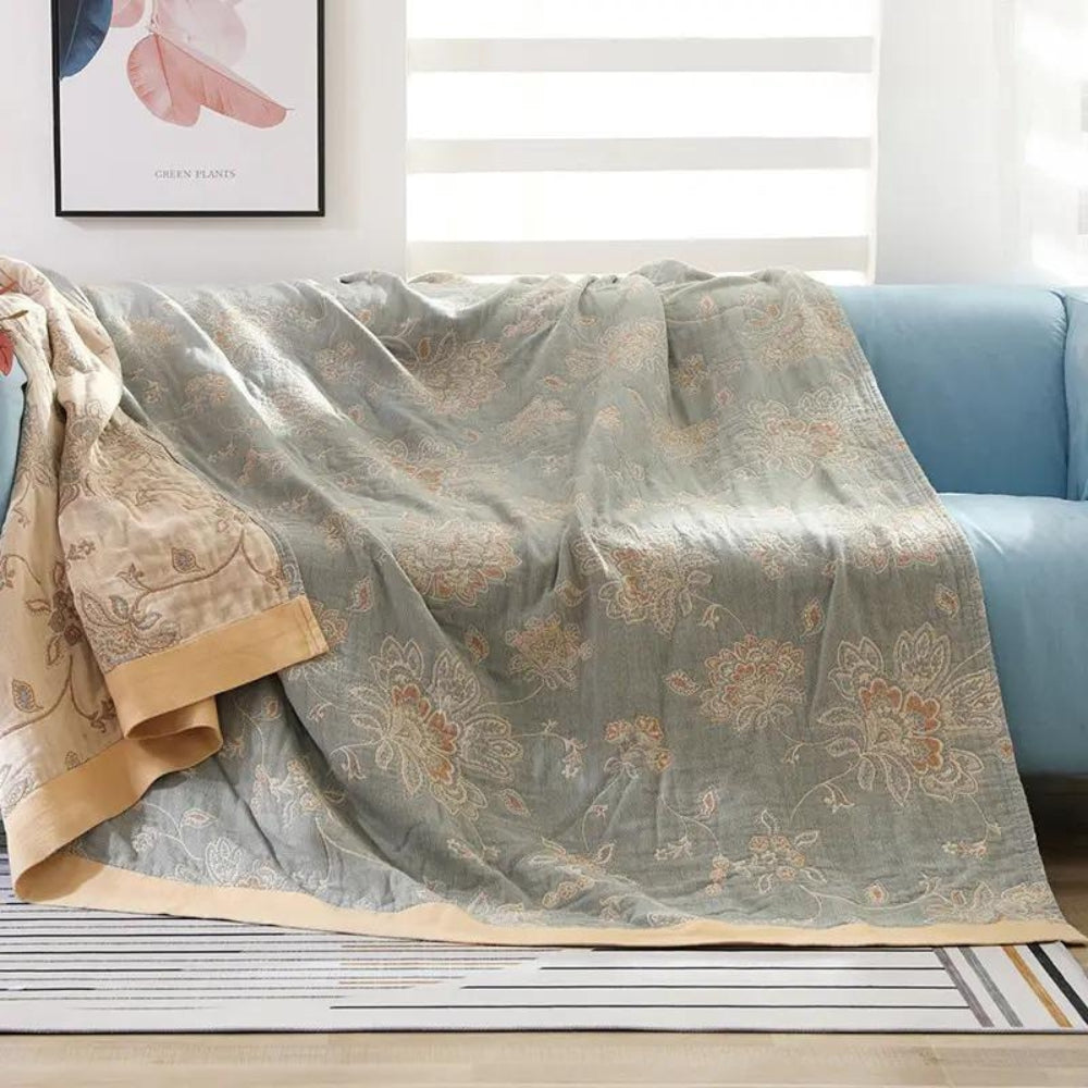 Five-Layer Floral Cotton Gauze Blanket in Throw and Bed Sizes | Five Soft Layers of Cotton Gauze | Throw Blankets