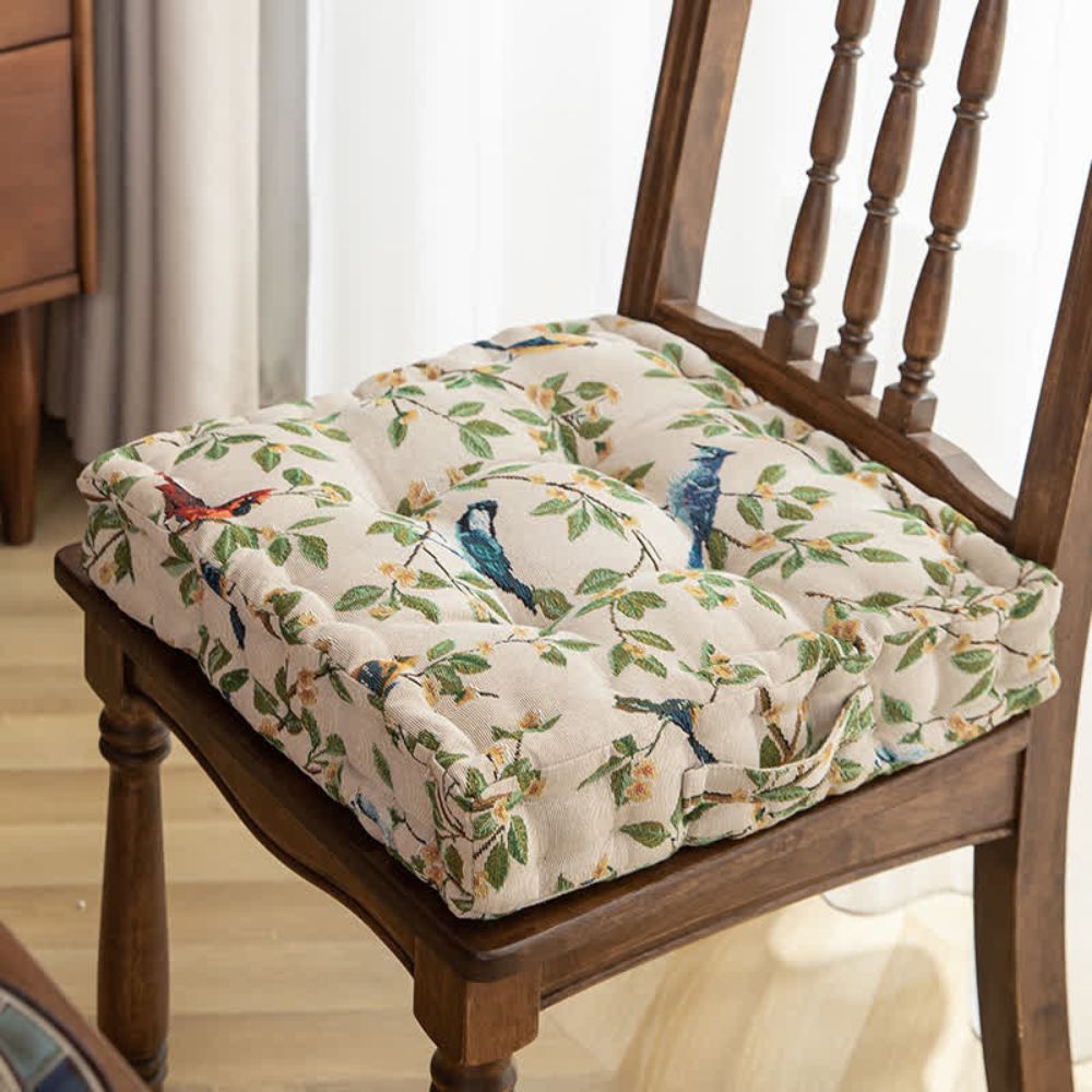 Whimsical Bird and Leaf Chair Cushion, Thick 16.5 Inch with Hand Strap | Storybook Birds for Hard Seats | Seat Cushions