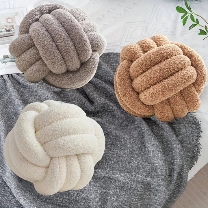 Hand-Woven Nordic Knot Ball Throw Pillow in Lamb Wool Style Fabric | Sculptural Knotted Cushion | Decorative Pillows