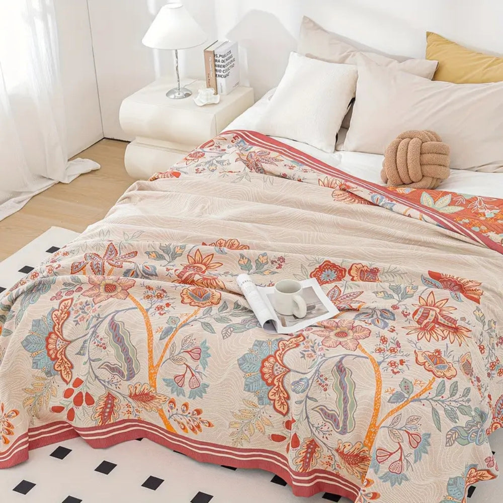 Oversized Reversible Floral Jacquard Cotton Blanket, 98 x 98in | Oversized Cotton That Covers a King | Throw Blankets