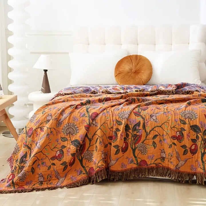Botanic Floral Reversible Cotton Blanket with Tassel Edging | Woven Blooms, Two Colourways | Throw Blankets