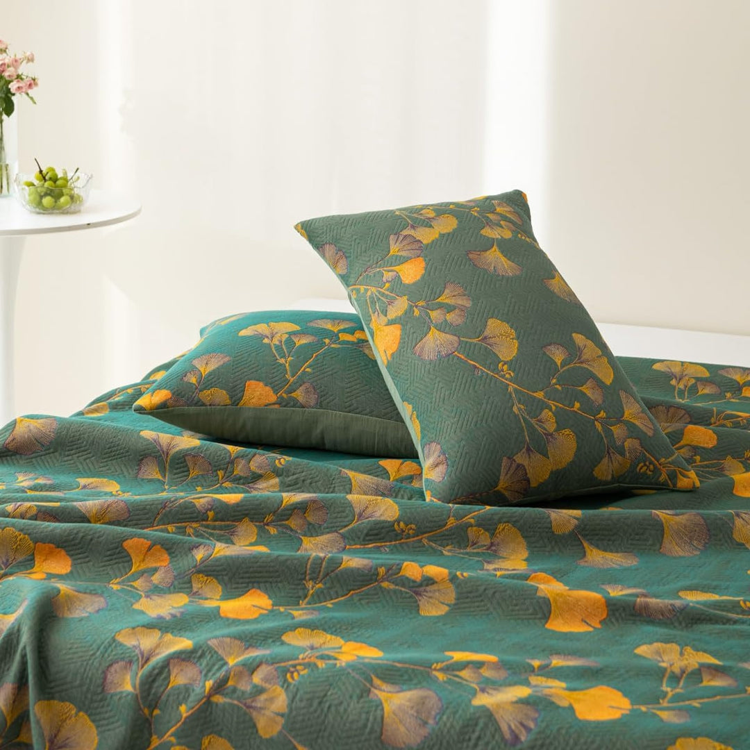 Reversible Jacquard Floral Ginkgo Leaves Coverlet in Four Sizes | Ginkgo Leaf Coverlet, Two Looks | Bedding Sets