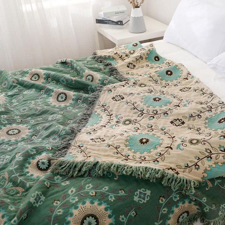 Reversible Retro Mandala Cotton Blanket in Green or Red | Retro Mandala, Everyday Cotton | Throw Blankets