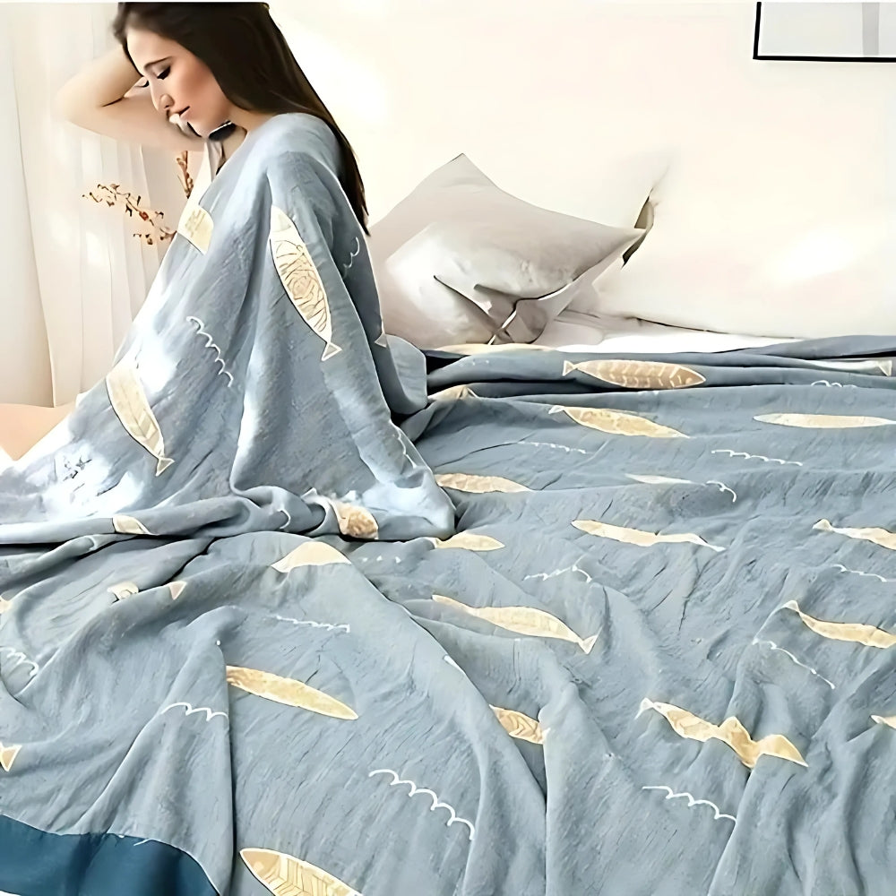 Golden Fish Reversible Cotton Gauze Blanket, Jacquard Weave | Playful Golden Fish on Soft Gauze | Throw Blankets