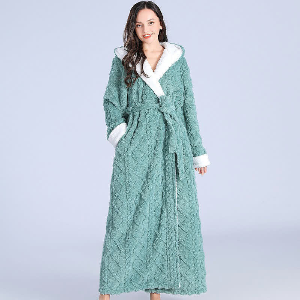 Long Plush Knitted Hooded Robe with Pockets in Soft Fleece | Cozy Hooded Warmth with Pockets | Robes