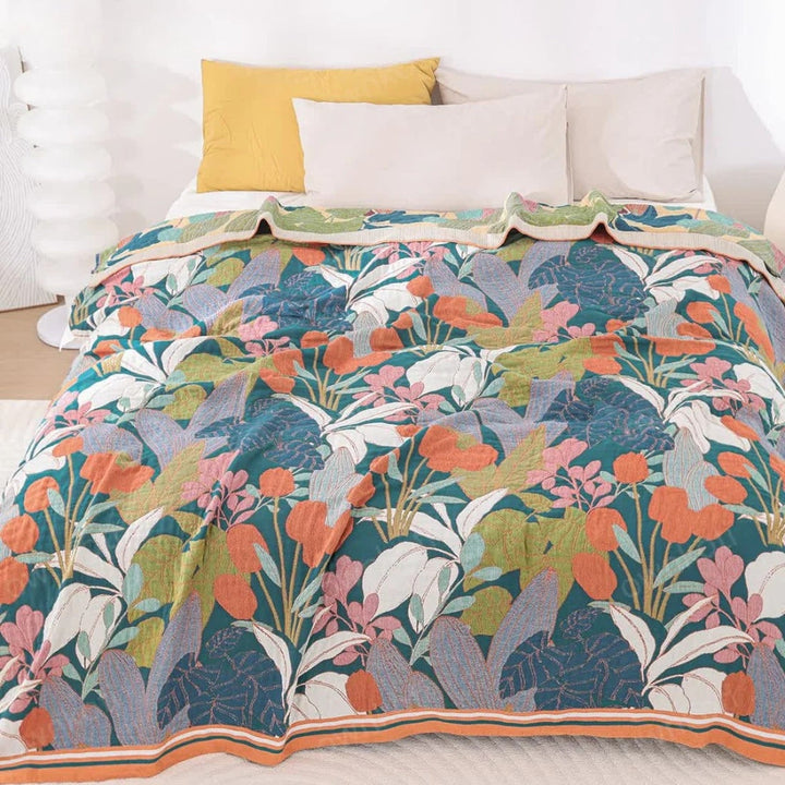 Garden Inspired Botanical Cotton Gauze Blanket, Multi-Layer | Airy Gauze Layers, All Season | Throw Blankets