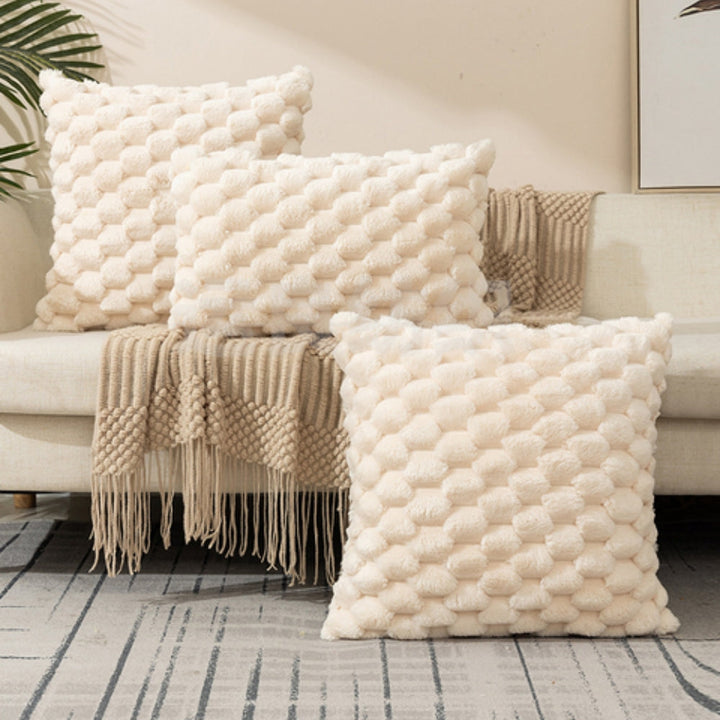 Marshmallow Plush Cushion Cover with 3D Grid Texture and Zipper | Puffy 3D Plush Cushion Covers | Cushion Covers