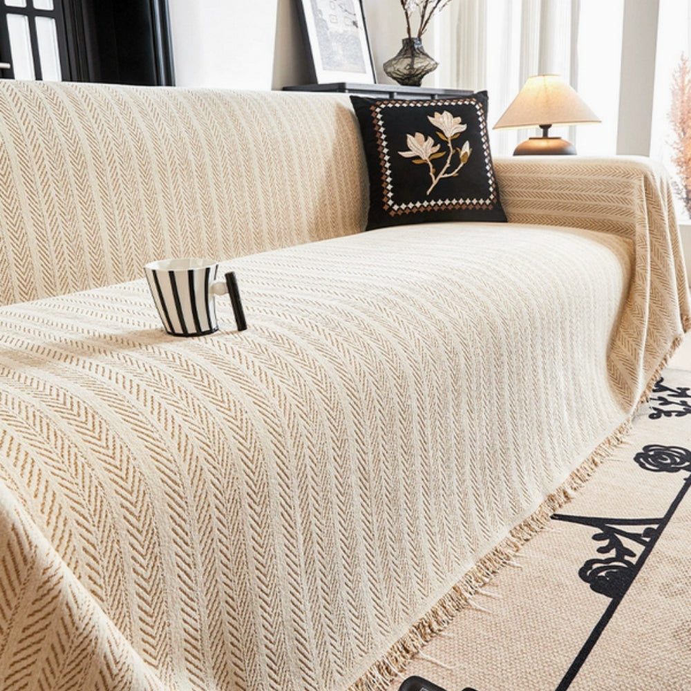 Heavyweight Chenille Herringbone Sofa Cover with Tassels, Non Slip | Herringbone Chenille Sofa Throw | Sofa Covers