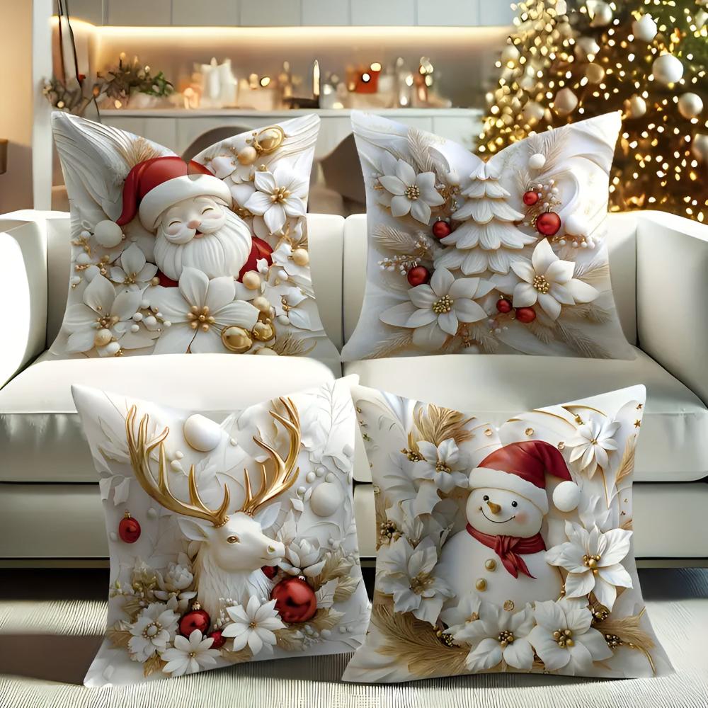 Christmas Velvet Cushion Covers, 4 Pack with Hidden Zip | Four Festive Designs in Velvet | Throw Pillows