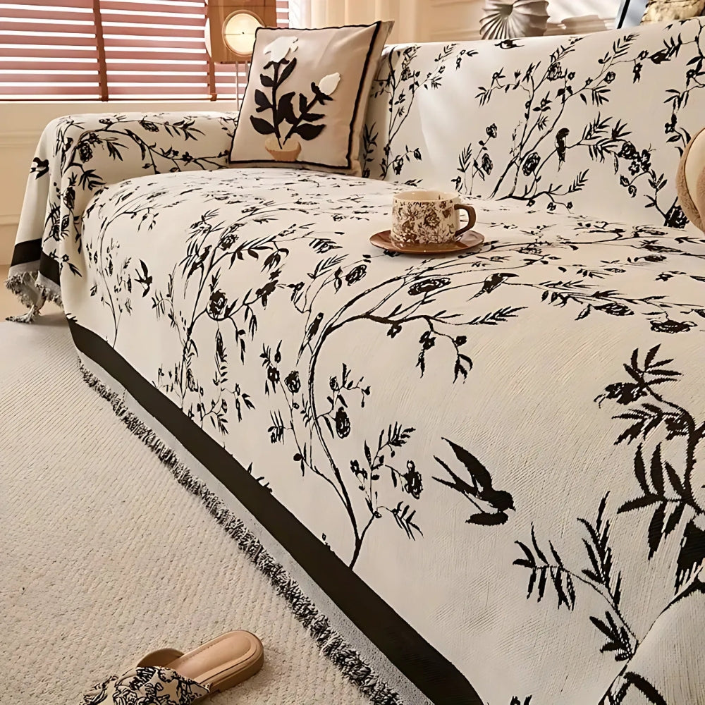 Floral Jacquard Chenille Sofa Cover with Tassel Edging, Anti Slip | Garden-Style Chenille Sofa Cover | Sofa Covers