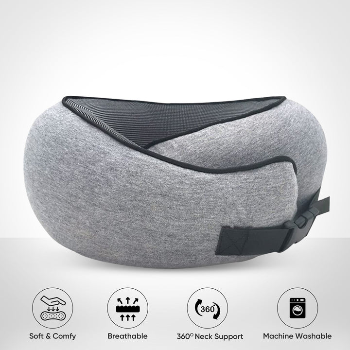 Memory Foam Travel Neck Pillow with Snap Closure and Free Eye Mask | Secure Neck Support With Travel Extras | Travel Pillows