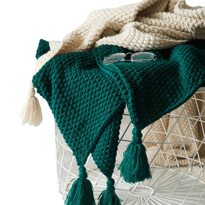 Handwoven Wool Blanket with Fringe and Knitted Pom-Poms | Scandinavian Wool Warmth with Fringe | Throw Blankets