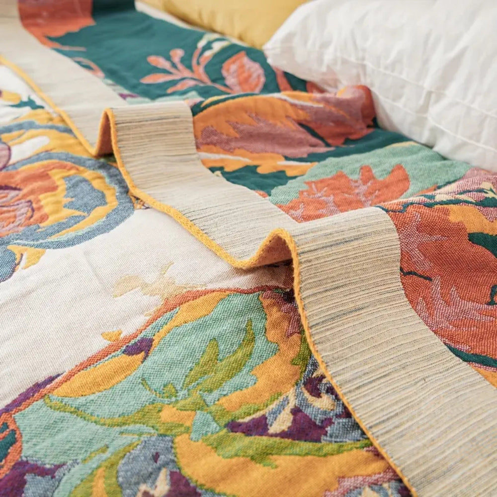 Mid Century Floral Jacquard Reversible Cotton Blanket, Wide Border | Mid Century Blooms, Wide Border | Throw Blankets