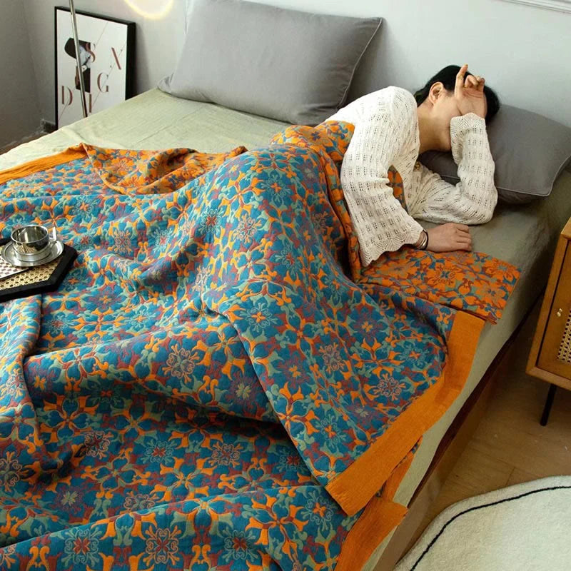Six-Layer Cotton Blanket with Orange and Blue Design for Bed and Sofa | Breathable Six-Layer Cotton Blanket | Throw Blankets