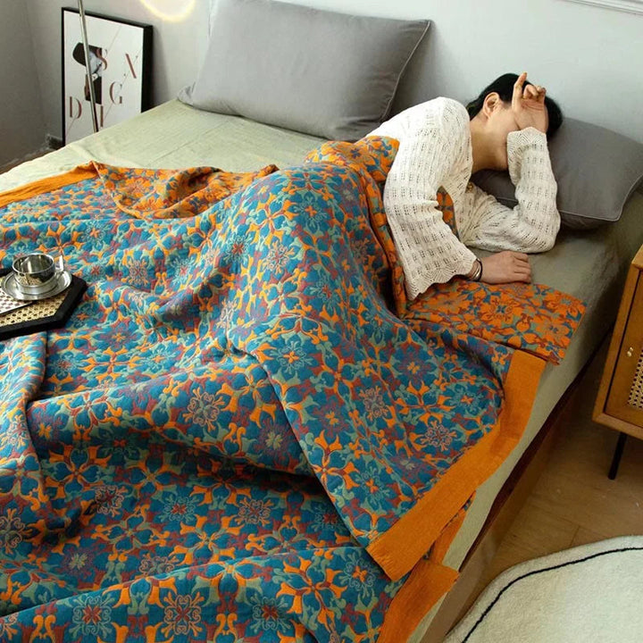 Six-Layer Cotton Blanket with Orange and Blue Design for Bed and Sofa | Breathable Six-Layer Cotton Blanket | Throw Blankets