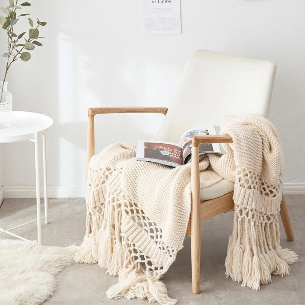 Knit Woven Tassel Throw Blanket in Calming Colours | Boho Knit Texture with Tassels | Throw Blankets