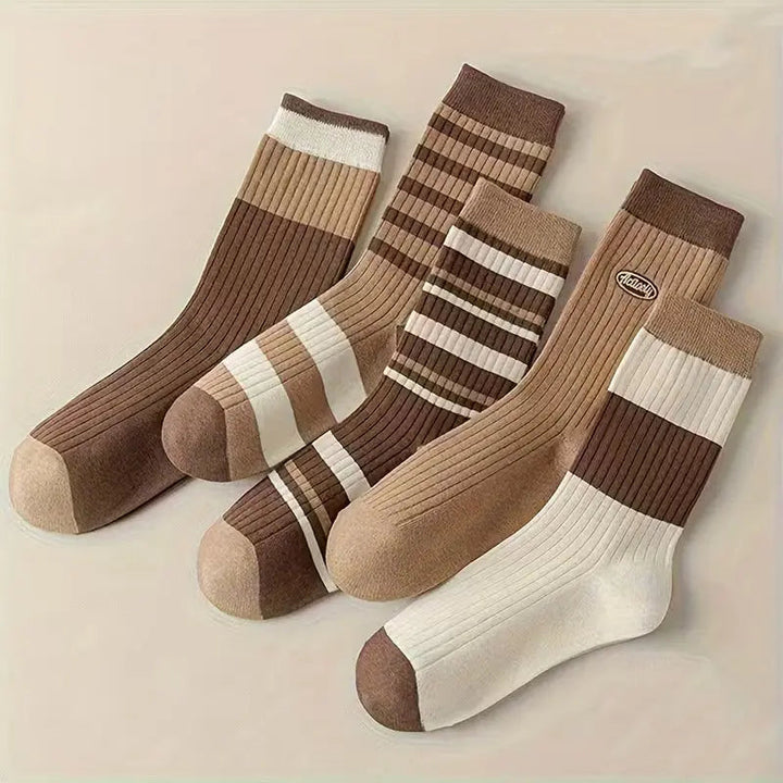 Brown Striped Crew Socks with Ribbed Knit Construction, 5 Pairs | Brown Striped Ribbed Crew Socks | Socks