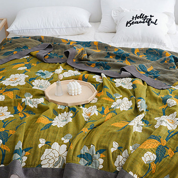 Olive Flower Jacquard Cotton Quilt with Double-Sided Boho Pattern | Vintage Olive Flower Quilt, Two Patterns | Quilts