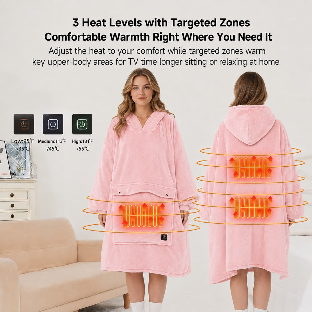 USB Heated Blanket Hoodie with 3 Heating Zones, Thick Flannel, Unisex | Heated Flannel Hoodie Blanket | Heated Blankets