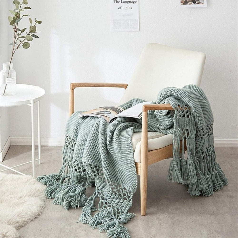 Knit Woven Tassel Throw Blanket in Calming Colours | Boho Knit Texture with Tassels | Throw Blankets