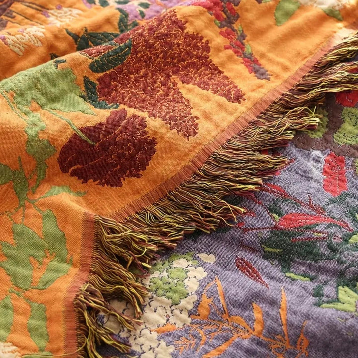 Botanic Floral Reversible Cotton Blanket with Tassel Edging | Woven Blooms, Two Colourways | Throw Blankets