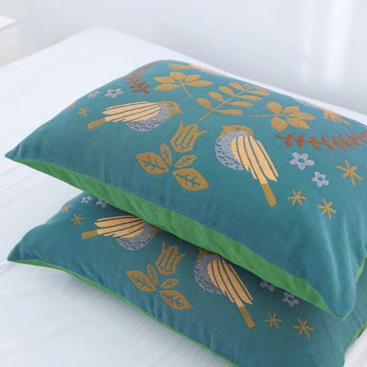 Scandinavian Bird Jacquard Cotton Gauze Pillowcases, Set of 2 | Soft Gauze with Floral Birds | Pillowcases