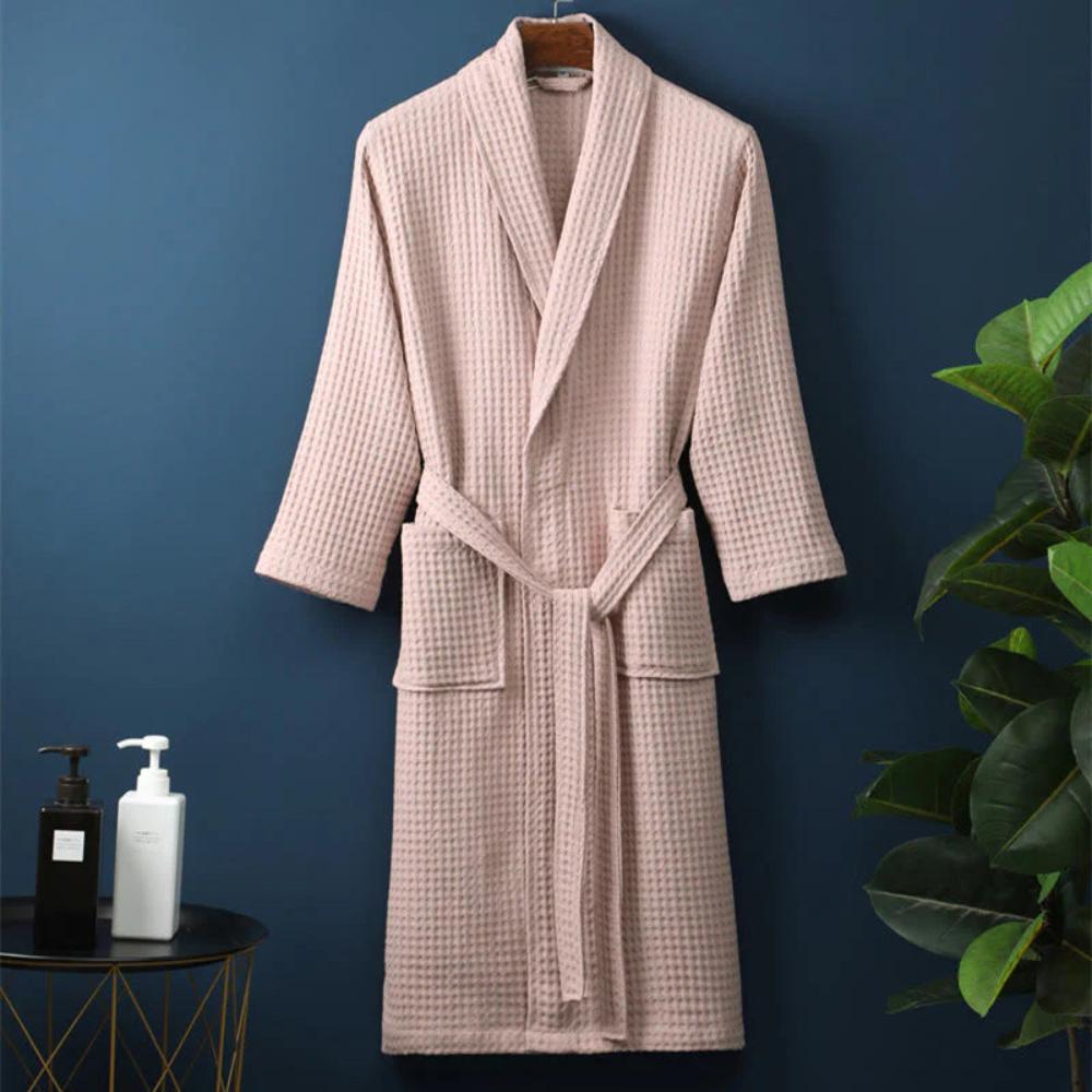 V-Neck Double-Layer Cotton Waffle Bathrobe with Pockets | Light, Absorbent Waffle Comfort | Robes