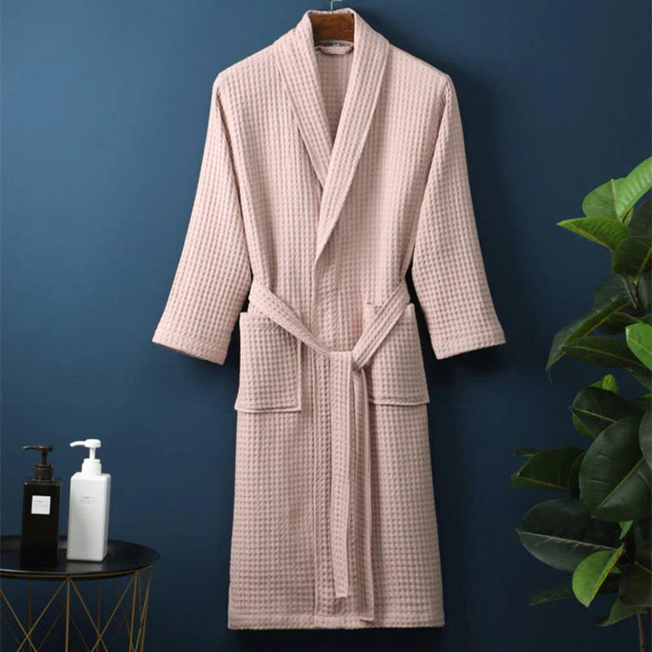 V-Neck Double-Layer Cotton Waffle Bathrobe with Pockets | Light, Absorbent Waffle Comfort | Robes