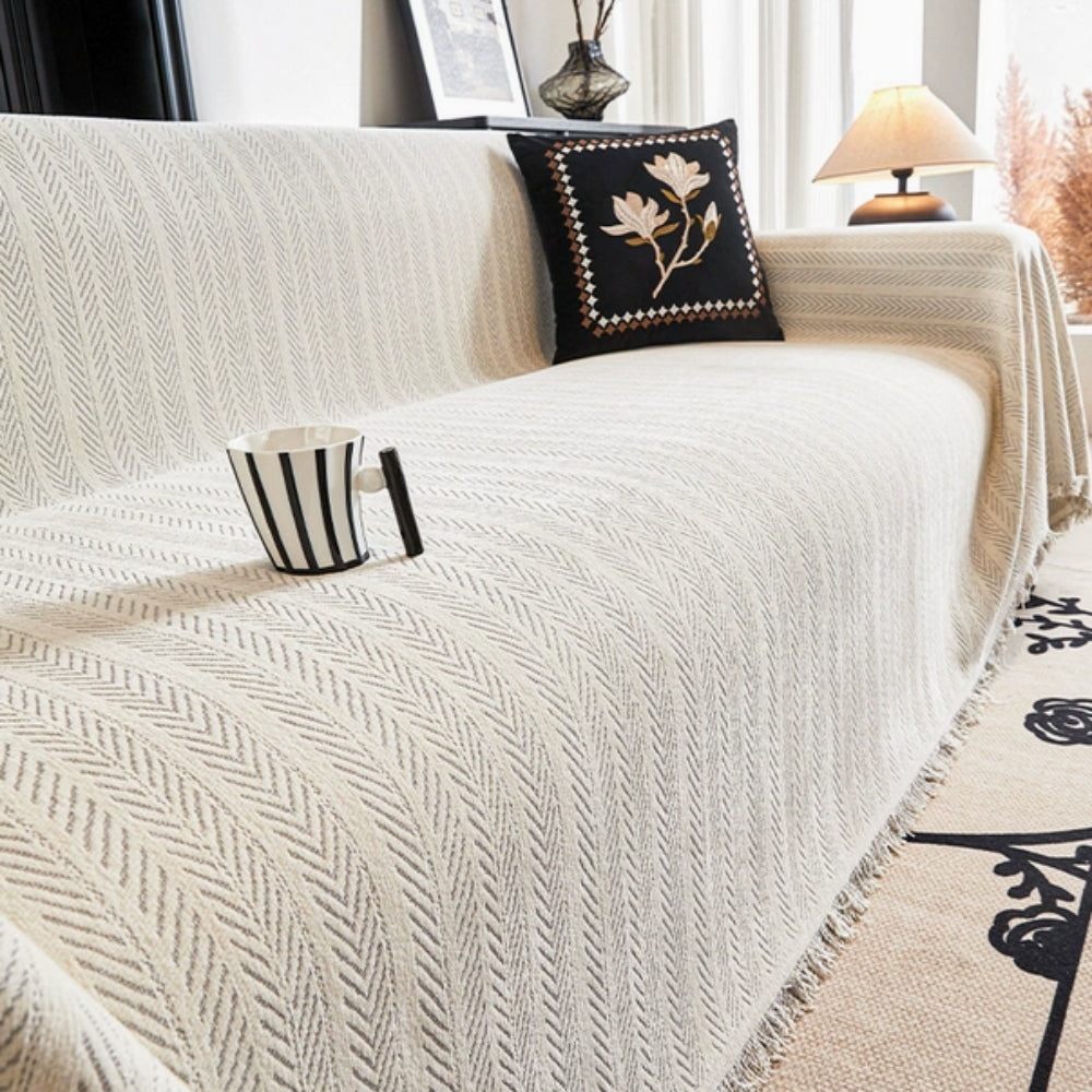 Heavyweight Chenille Herringbone Sofa Cover with Tassels, Non Slip | Herringbone Chenille Sofa Throw | Sofa Covers