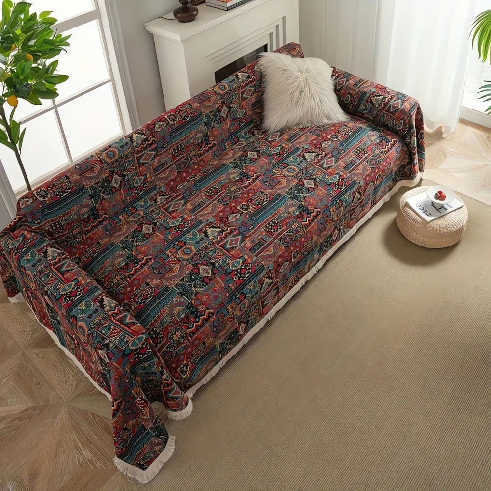 Bohemian Moroccan Chenille Sofa Cover with Tassels, Seven Sizes | Moroccan Pattern for Any Sofa Size | Sofa Covers