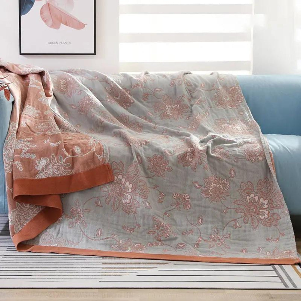 Five-Layer Floral Cotton Gauze Blanket in Throw and Bed Sizes | Five Soft Layers of Cotton Gauze | Throw Blankets