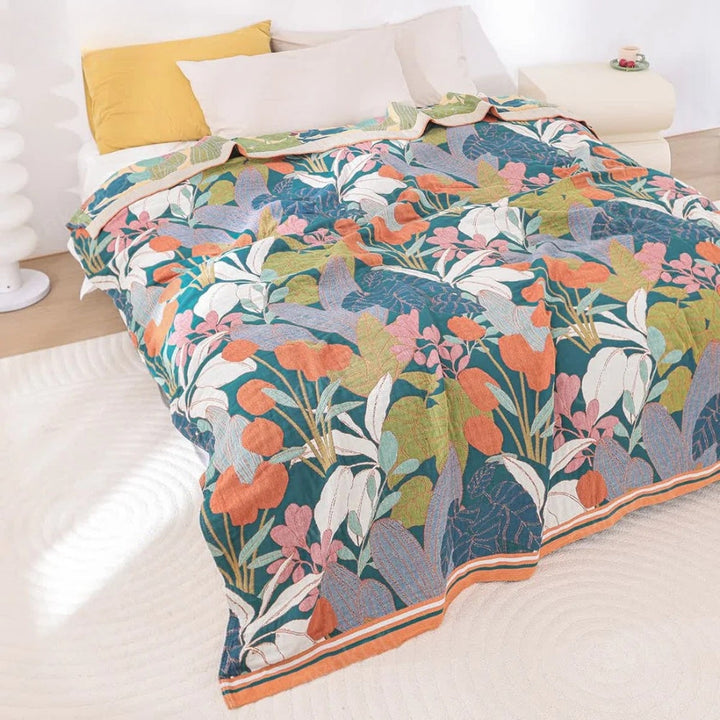 Garden Inspired Botanical Cotton Gauze Blanket, Multi-Layer | Airy Gauze Layers, All Season | Throw Blankets