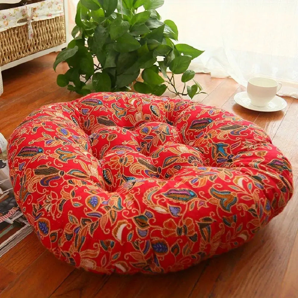 Round Boho Floor Seating Cushion, 18 Inch Cotton Linen | Thick Round Cushion for Floor Seating | Seat Cushions