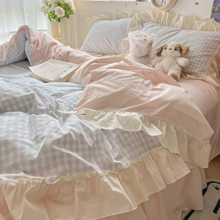 Ruffled Edge Gingham Check Bedding Set with Duvet Cover and Pillowcases | Ruffled Gingham for Cottage Style | Bedding Sets