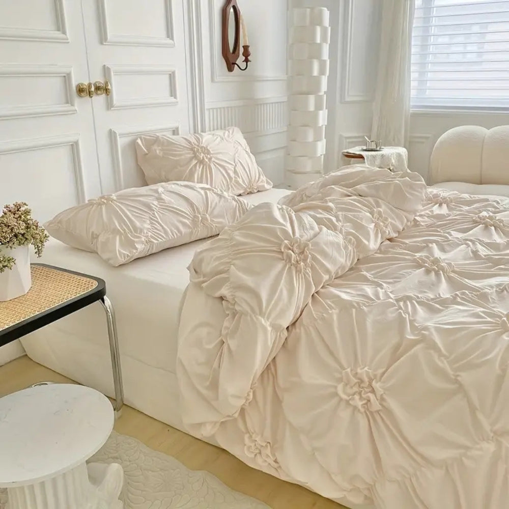 Ruffle Flower Pinch Pleated Duvet Cover Set with Pillowcases | Pinch Pleats and Ruffled Flowers | Bedding Sets