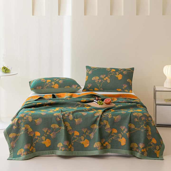 Reversible Jacquard Floral Ginkgo Leaves Coverlet in Four Sizes | Ginkgo Leaf Coverlet, Two Looks | Bedding Sets