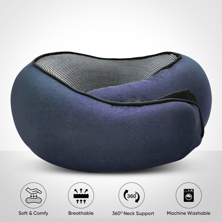 Memory Foam Travel Neck Pillow with Snap Closure and Free Eye Mask | Secure Neck Support With Travel Extras | Travel Pillows