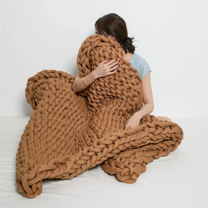 Chunky Hand-Knit Style Weighted Throw Blanket in Cream Brown Grey | Weighted Chunky Knit Calm | Weighted Blankets