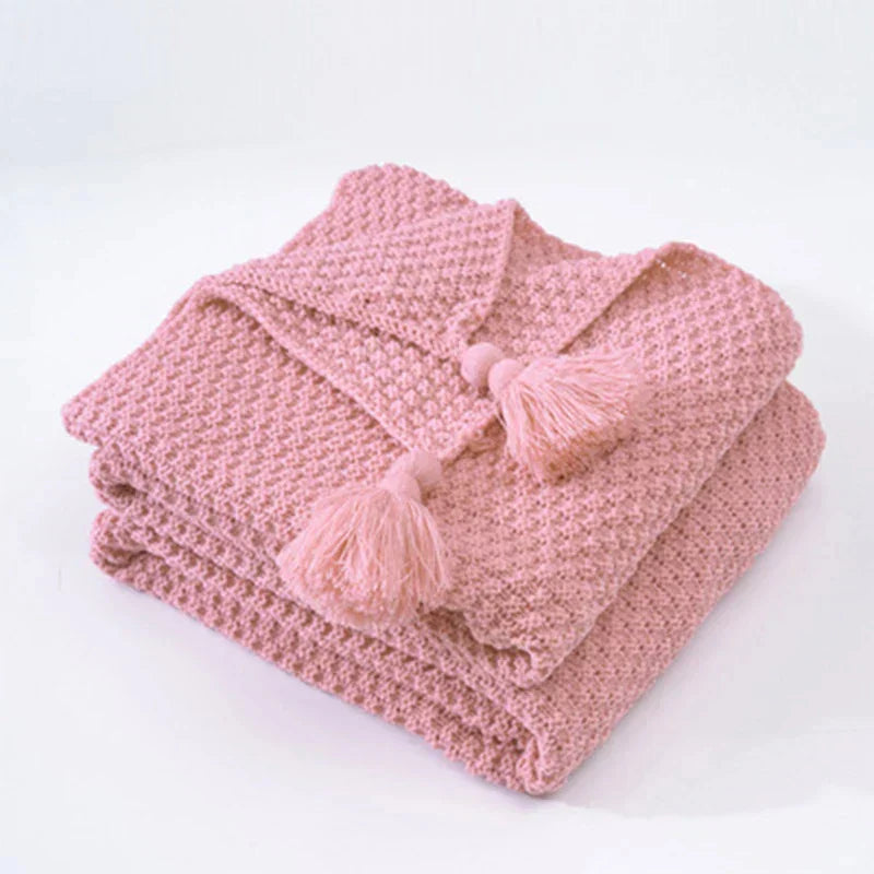 Handwoven Wool Blanket with Fringe and Knitted Pom-Poms | Scandinavian Wool Warmth with Fringe | Throw Blankets