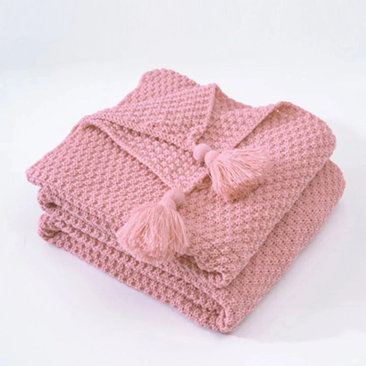 Handwoven Wool Blanket with Fringe and Knitted Pom-Poms | Scandinavian Wool Warmth with Fringe | Throw Blankets