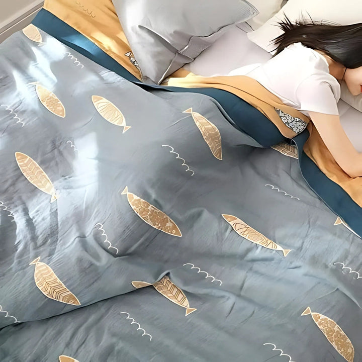 Golden Fish Reversible Cotton Gauze Blanket, Jacquard Weave | Playful Golden Fish on Soft Gauze | Throw Blankets