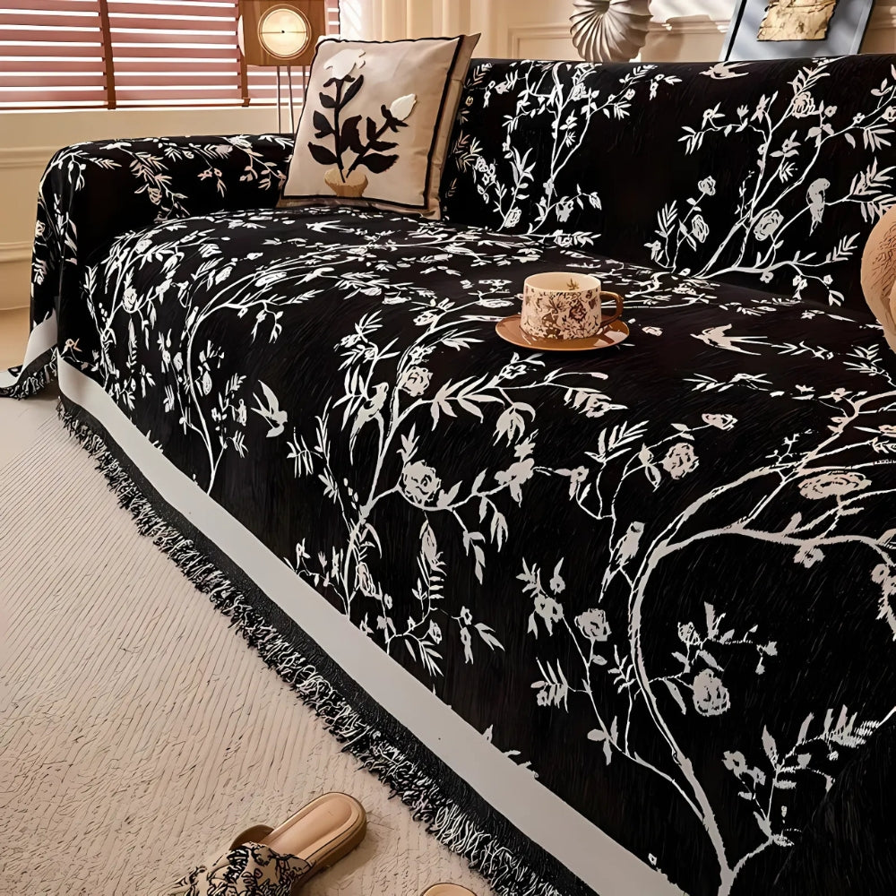 Floral Jacquard Chenille Sofa Cover with Tassel Edging, Anti Slip | Garden-Style Chenille Sofa Cover | Sofa Covers