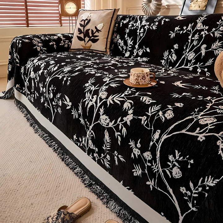Floral Jacquard Chenille Sofa Cover with Tassel Edging, Anti Slip | Garden-Style Chenille Sofa Cover | Sofa Covers