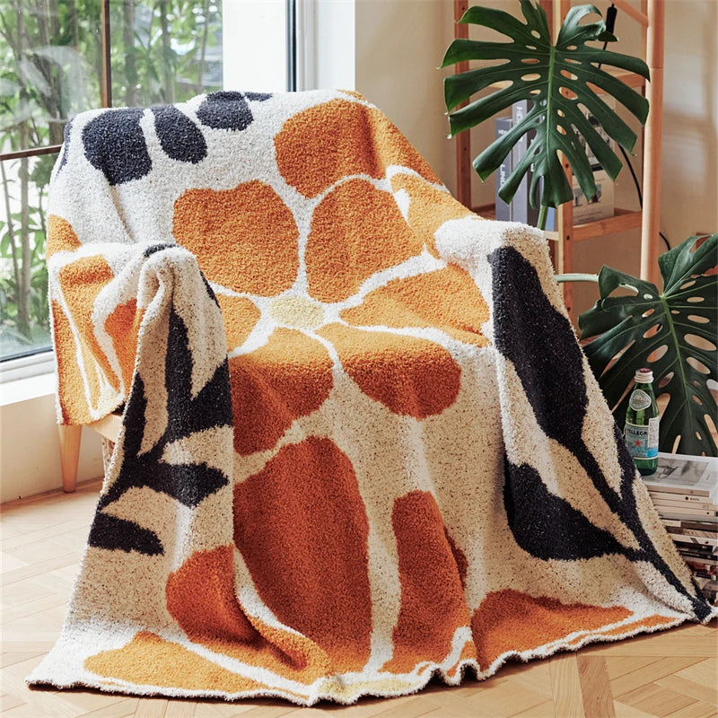 Boho Floral Leaves Microfiber Jacquard Knitted Throw Blanket | Boho Floral Knit Comfort | Throw Blankets
